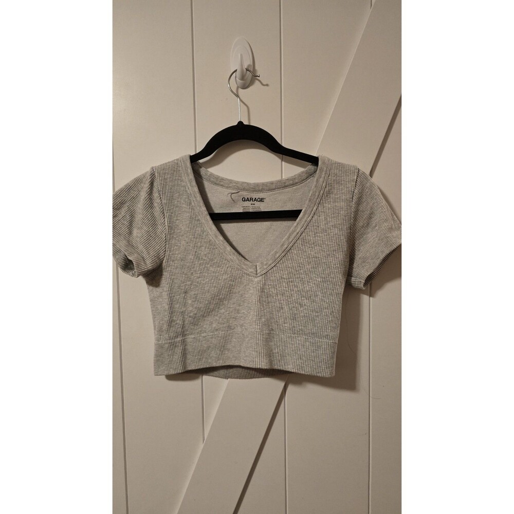 Garage Cropped Deep V Knit Short Sleeve T-Shirt Gray Size M